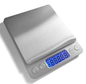 joeaa food scale digital weight 3000g/0.1g oz grams and ounces kitchen scale for cooking baking with backlight lcd display, tare, 9 units, auto off, 2 trays, batteries included - stainless steel