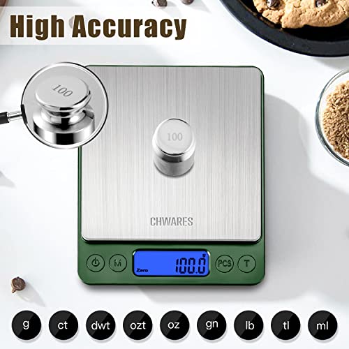 CHWARES Food Scale, Kitchen Scale with Trays 3000g/0.1g, Small Scale with Tare Function Digital Scale Grams and Ounces for Weight Loss, Dieting, Baking, Cooking, Meal Prep, Coffee, Green