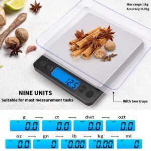 Small Digital Gram Scale 1000g by 0.01g, MEIYA High Accuracy Scale for Food Ounces and Grams, Upgrade USB Charging Kitchen Scale Digital Weight for Cooking, Baking, with Tare Function, 9 Units, 2 Tray