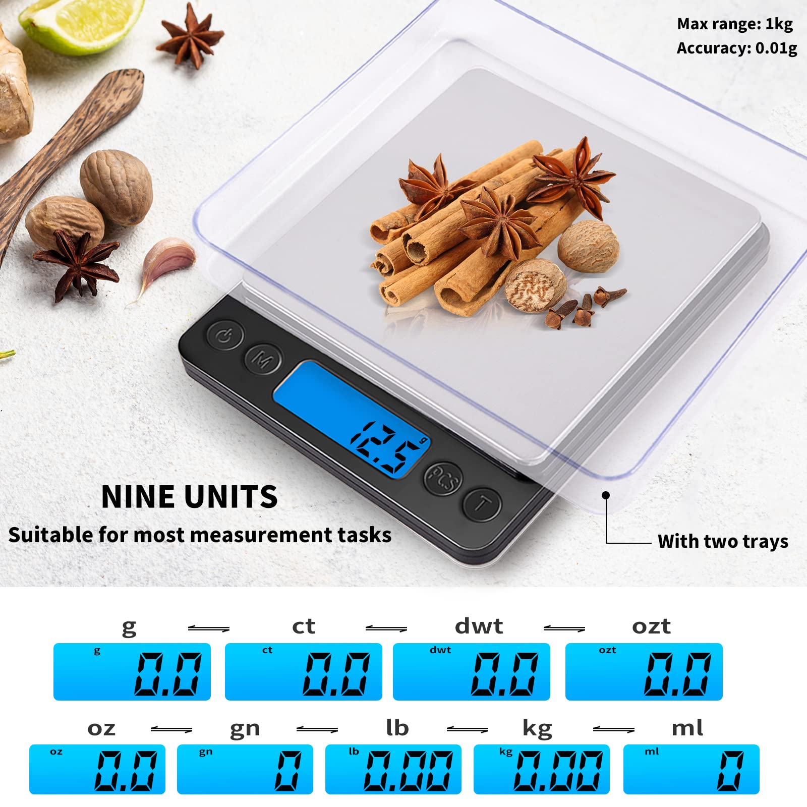 Small Digital Gram Scale 1000g by 0.01g, MEIYA High Accuracy Scale for Food Ounces and Grams, Upgrade USB Charging Kitchen Scale Digital Weight for Cooking, Baking, with Tare Function, 9 Units, 2 Tray