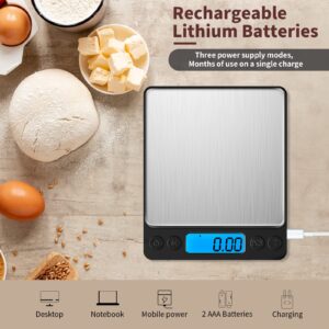 Small Digital Gram Scale 1000g by 0.01g, MEIYA High Accuracy Scale for Food Ounces and Grams, Upgrade USB Charging Kitchen Scale Digital Weight for Cooking, Baking, with Tare Function, 9 Units, 2 Tray