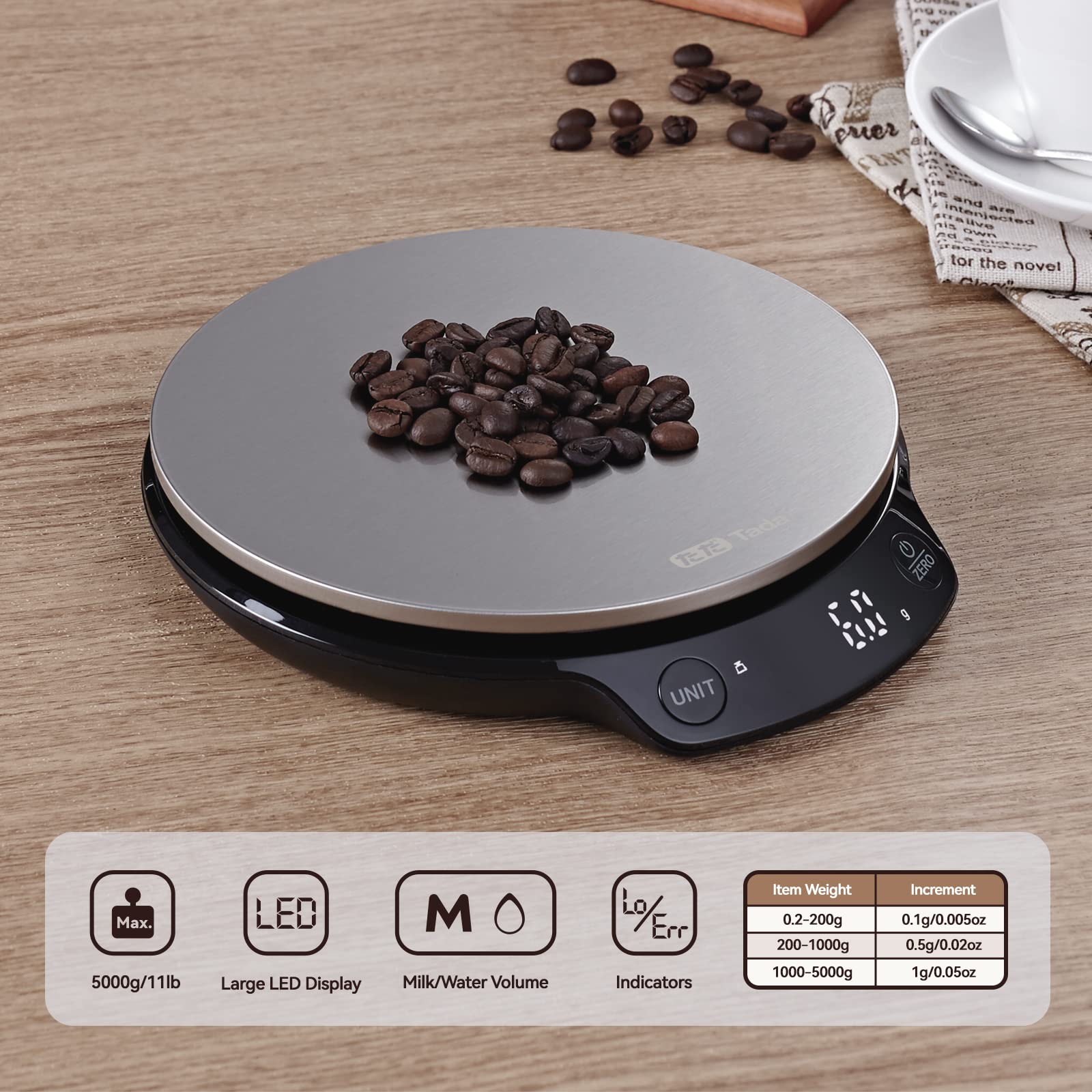 TADA Digital Food Kitchen Scale 11lb/5kg with 0.01oz/0.1g Precision for Cooking, Baking, Nutrition and Diet Weight Ounces and Grams, Stainless Steel