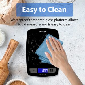 MEGATEK 22lb Digital Food Kitchen Scale Weight in Grams and Ounces for Baking and Cooking, 0.05 oz/1g Accuracy, Large Backlit LCD Display and Weighing Platform, Tempered Glass - Black