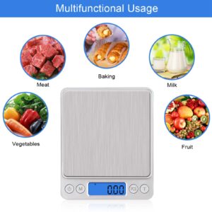 UNIWEIGH Digital Kitchen Scale, 500g/0.01g Gram Scale,Cooking Food Scale Digital Weight Grams and OZ with LCD Display, Digital Jewelry Coffee Scale with 2 Trays,Auto Off, Tare，Stainless Steel