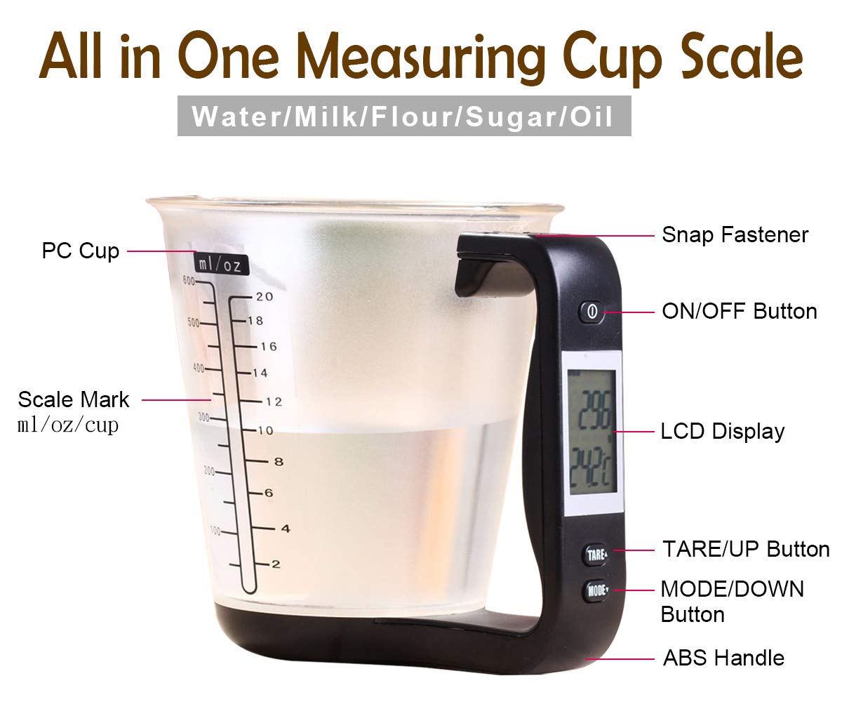 Kitchen Scale Digital Measuring Cup 1kg/600ml Food Scale Weight Scale Scales Weighing Water Milk Flour Sugar Oil Coffee Liquid Baking Cooking Plastic Measuring Cups Grams and Ounces (Black)