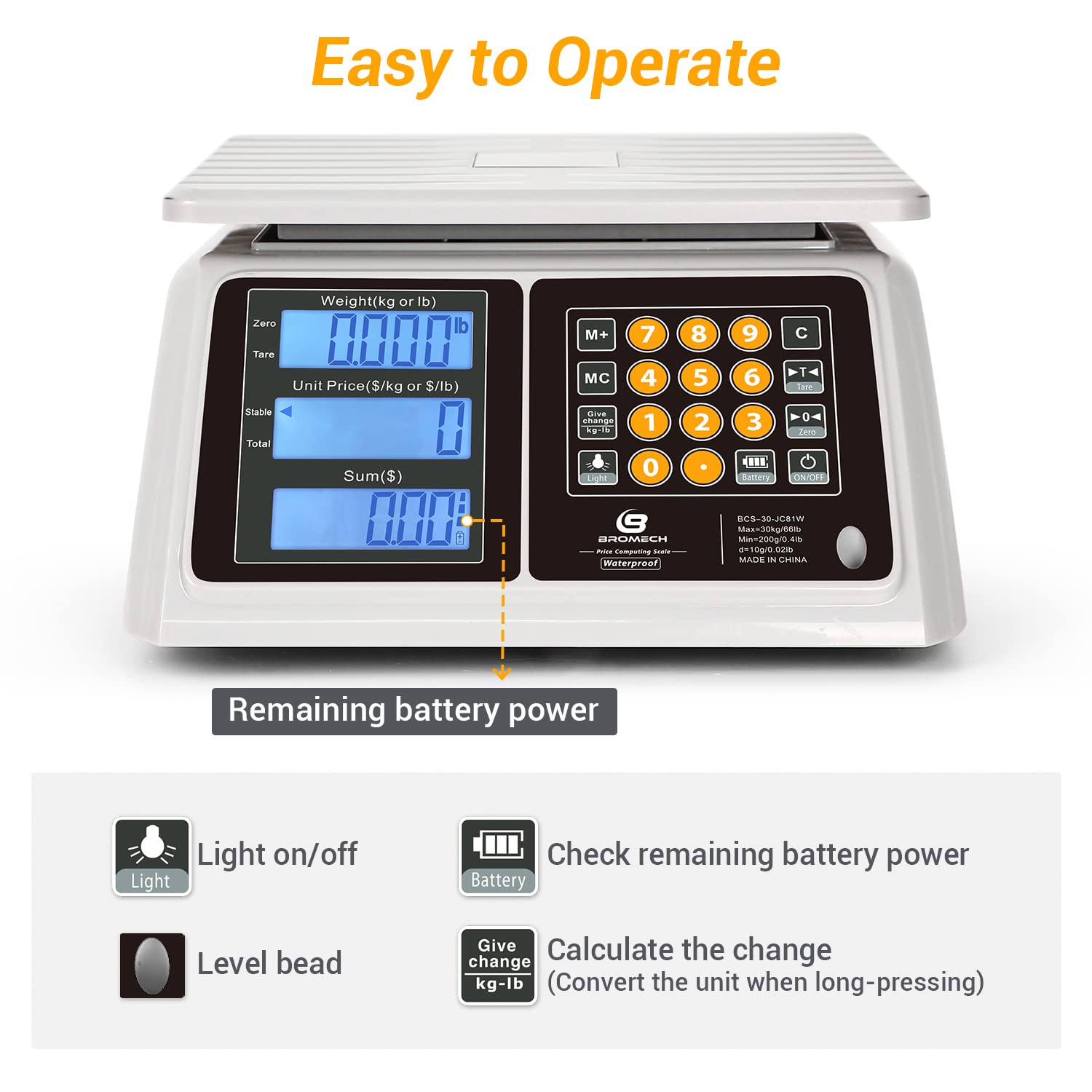 BROMECH Food Scale, Price Computing Scale, IPX7 Waterproof, 66lbs Capacity, White Backlight LCD, Rechargeable Commercial Meat Produce Weight Scale for Farmers Market and Seafood