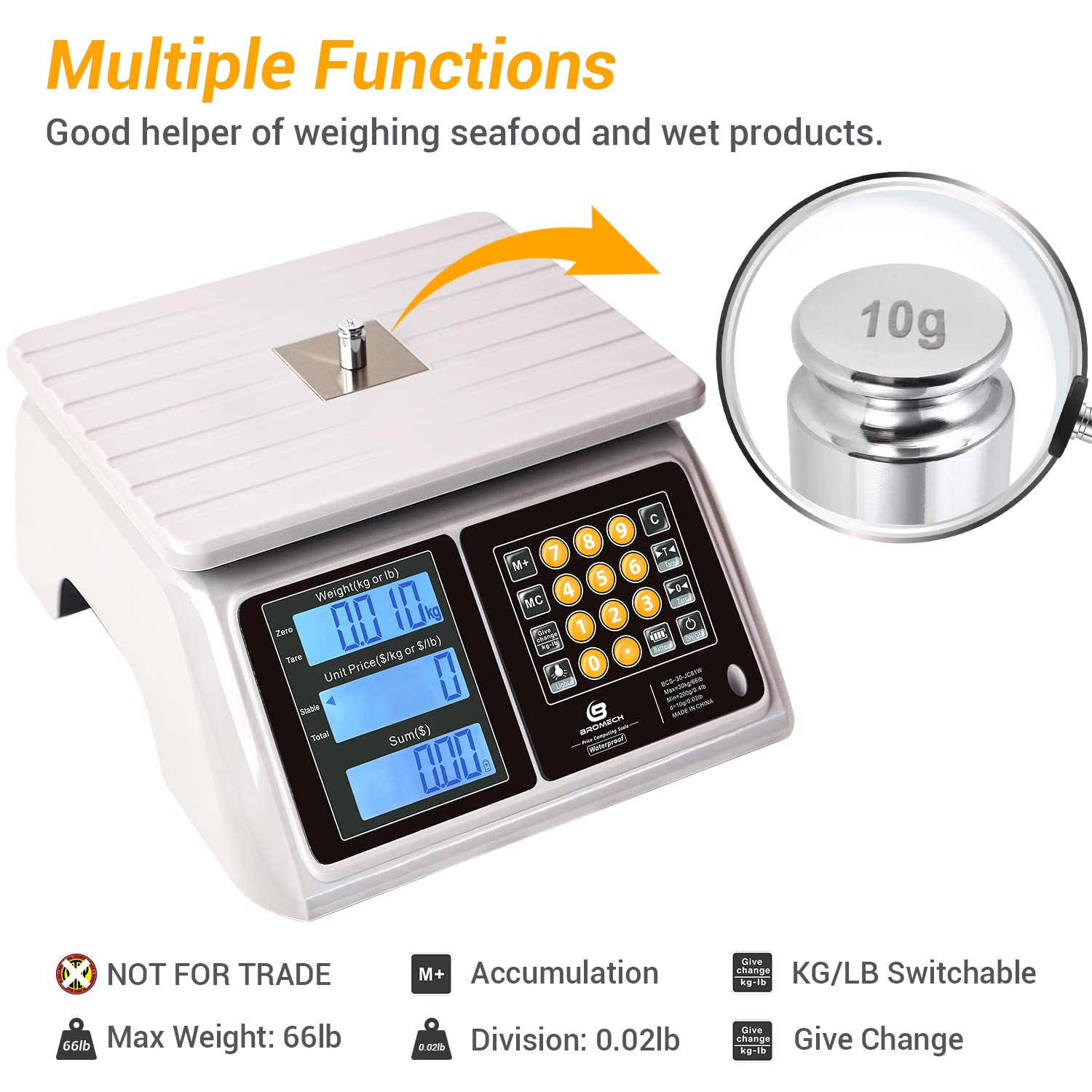 BROMECH Food Scale, Price Computing Scale, IPX7 Waterproof, 66lbs Capacity, White Backlight LCD, Rechargeable Commercial Meat Produce Weight Scale for Farmers Market and Seafood