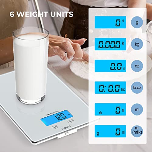 KOIOS USB Rechargeable Food Scale, 33lb/15Kg Kitchen Scale Digital Weight Grams and oz for Cooking Baking, 1g/0.1oz Precise Graduation, Waterproof Tempered Glass, 6 Weight Units, Tare Function