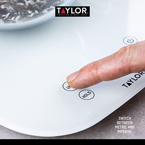 Taylor Pro Digital Kitchen Food Scales, Compact Professional Standard with Precision Accuracy and Waterproof Design with Tare Feature, White Glass, Weighs 14 kg/14 L Capacity