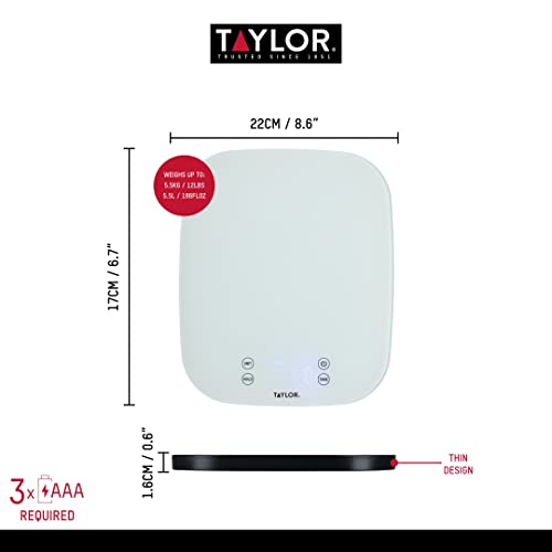 Taylor Pro Digital Kitchen Food Scales, Compact Professional Standard with Precision Accuracy and Waterproof Design with Tare Feature, White Glass, Weighs 14 kg/14 L Capacity