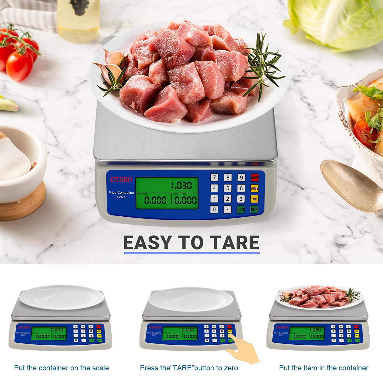 RUJIXU Large Digital Kitchen Scale 30KG Commercial Food Scale 66LB for Baking Bread Meat Stainless Steel Price Computing Scale LCD Display,Prep Counting Scale for Parts and Coins Adapter Included