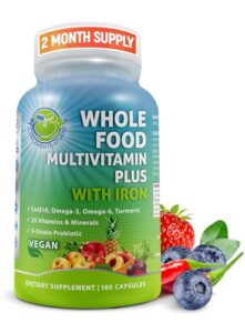 vegan whole food multivitamin with iron, daily multivitamin for women and men, made with fruits & vegetables, b-complex, probiotics, enzymes, coq10, omegas, turmeric, non-gmo, 180 count