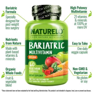 NATURELO Bariatric Multivitamin - One Daily with Iron - Supplement for Post Gastric Bypass Surgery Patients - Natural Whole Food Nutrition - 60 Veggie Capsules