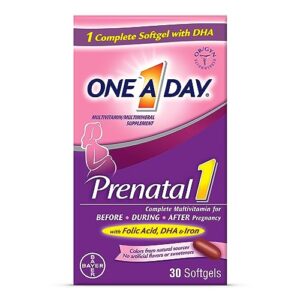 one a day women's prenatal 1 multivitamin including vitamins a, c, d, b6, b12, iron, omega-3 dha & more - supplement for before, during, & post pregnancy, 30 ct (pack of 1)(packaging may vary)