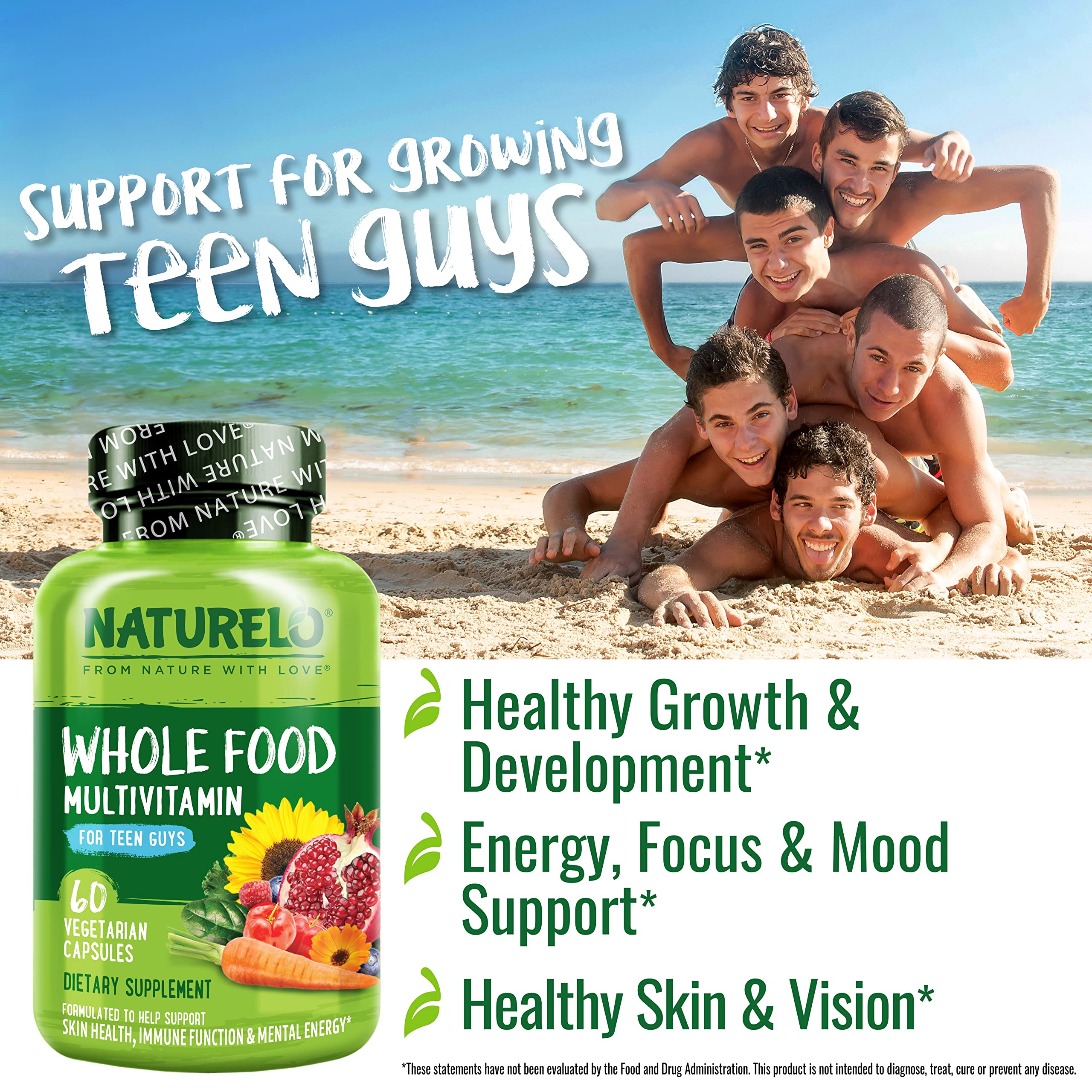 NATURELO Whole Food Multivitamin for Teenage Boys - Vitamins and Minerals Supplement for Active Kids - with Plant Extracts - Non-GMO - Vegan & Vegetarian - 60 Capsules