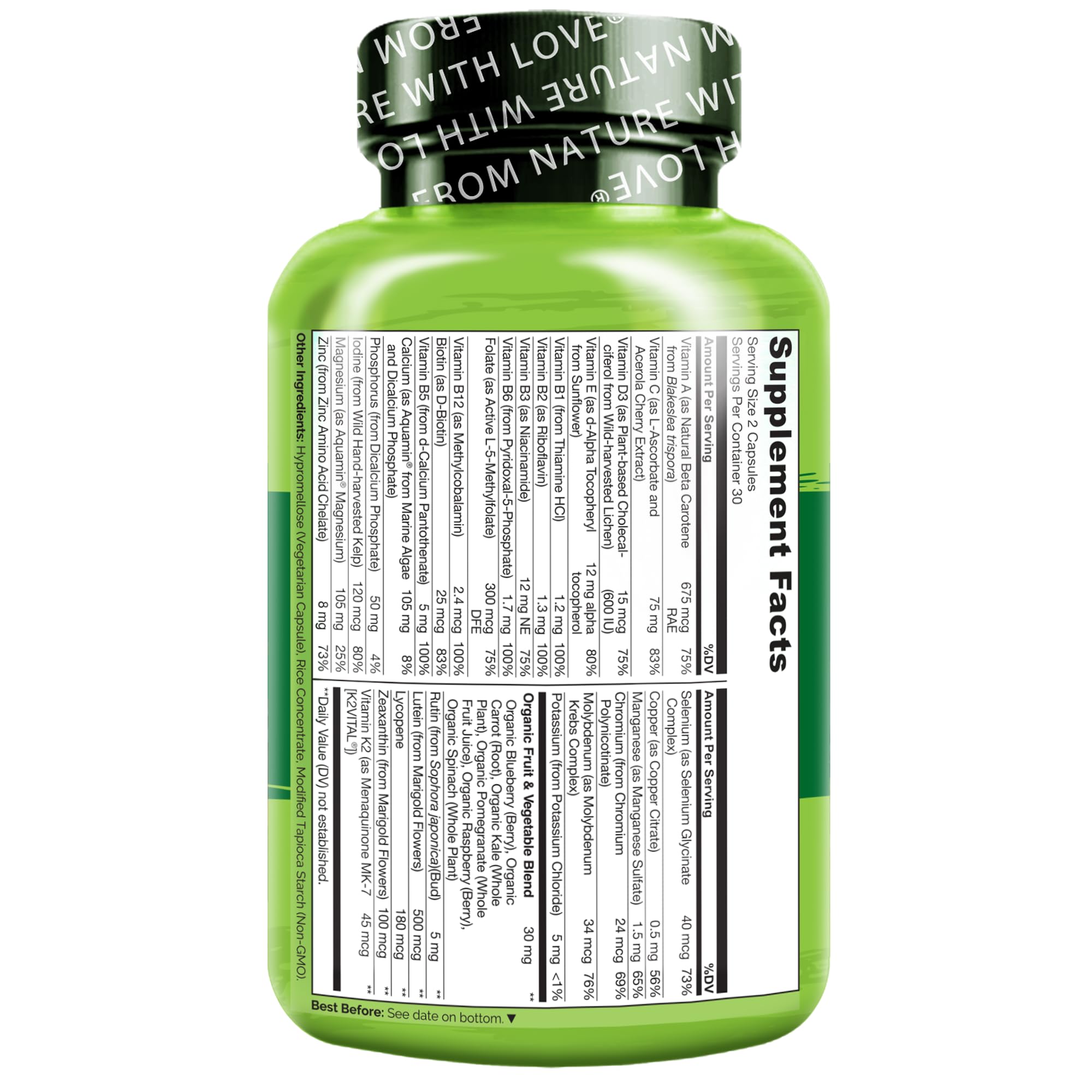 NATURELO Whole Food Multivitamin for Teenage Boys - Vitamins and Minerals Supplement for Active Kids - with Plant Extracts - Non-GMO - Vegan & Vegetarian - 60 Capsules