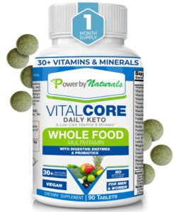 power by naturals vital core daily keto whole food multivitamin for women & men | supports energy, tiredness, & keto sickness, digestive enzymes, probiotics whole food vitamins & minerals | 90 tablets