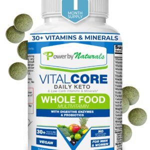 Power By Naturals Vital Core Daily Keto Whole Food Multivitamin for Women & Men | Supports Energy, Tiredness, & Keto Sickness, Digestive Enzymes, Probiotics Whole Food Vitamins & Minerals | 90 Tablets