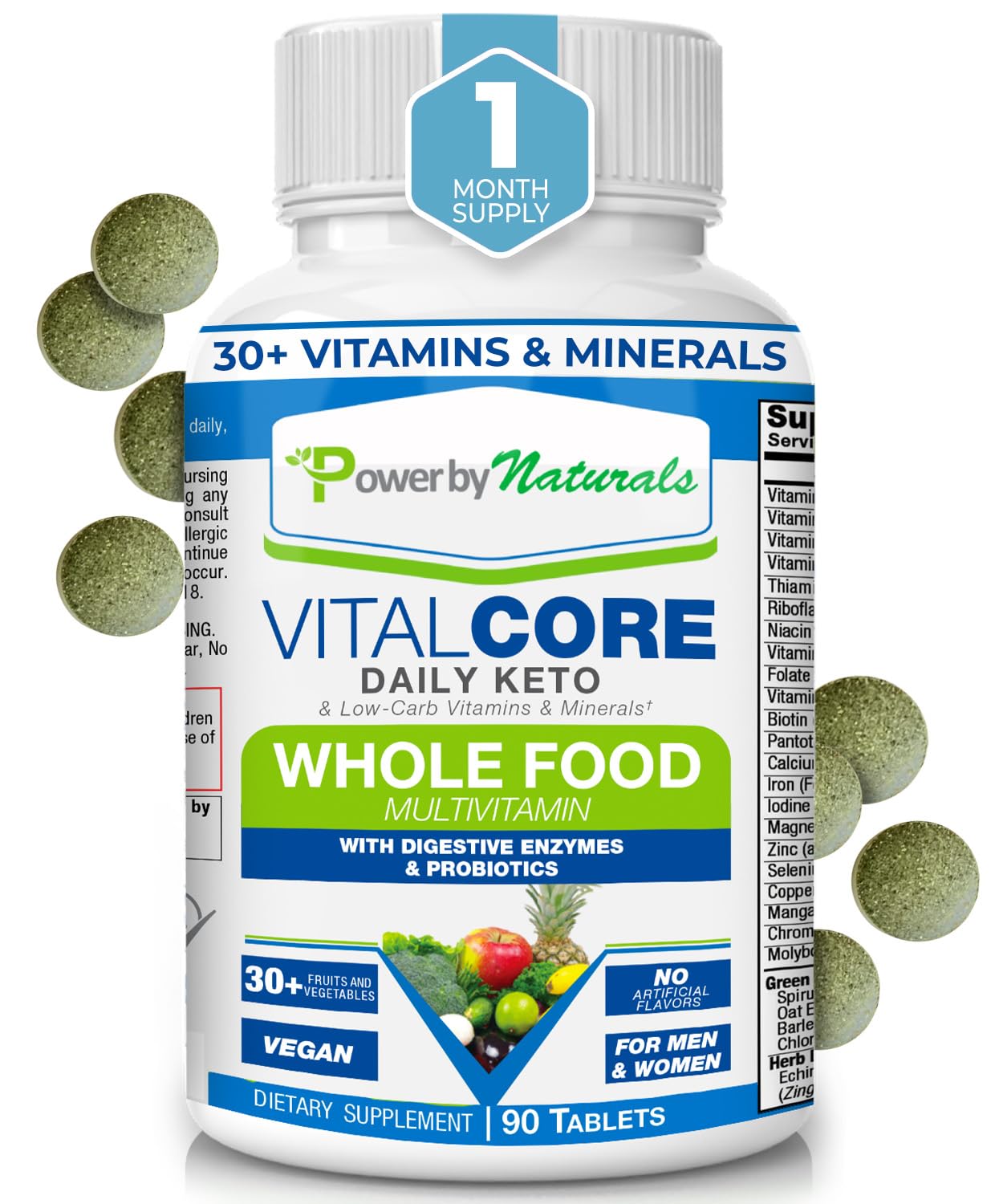 Power By Naturals Vital Core Daily Keto Whole Food Multivitamin for Women & Men | Supports Energy, Tiredness, & Keto Sickness, Digestive Enzymes, Probiotics Whole Food Vitamins & Minerals | 90 Tablets