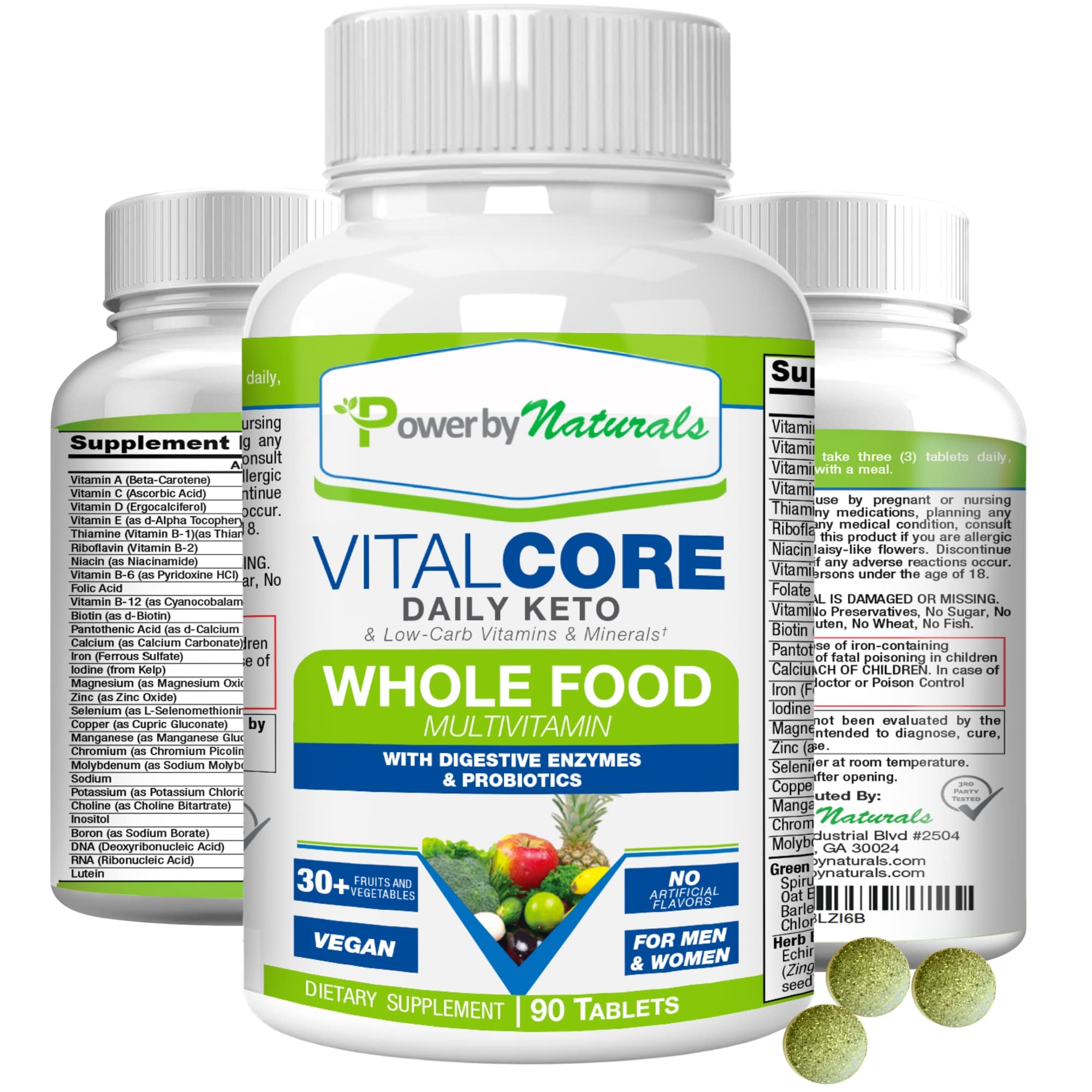 Power By Naturals Vital Core Daily Keto Whole Food Multivitamin for Women & Men | Supports Energy, Tiredness, & Keto Sickness, Digestive Enzymes, Probiotics Whole Food Vitamins & Minerals | 90 Tablets