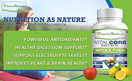 Power By Naturals Vital Core Daily Keto Whole Food Multivitamin for Women & Men | Supports Energy, Tiredness, & Keto Sickness, Digestive Enzymes, Probiotics Whole Food Vitamins & Minerals | 90 Tablets