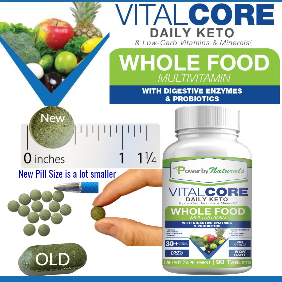 Power By Naturals Vital Core Daily Keto Whole Food Multivitamin for Women & Men | Supports Energy, Tiredness, & Keto Sickness, Digestive Enzymes, Probiotics Whole Food Vitamins & Minerals | 90 Tablets