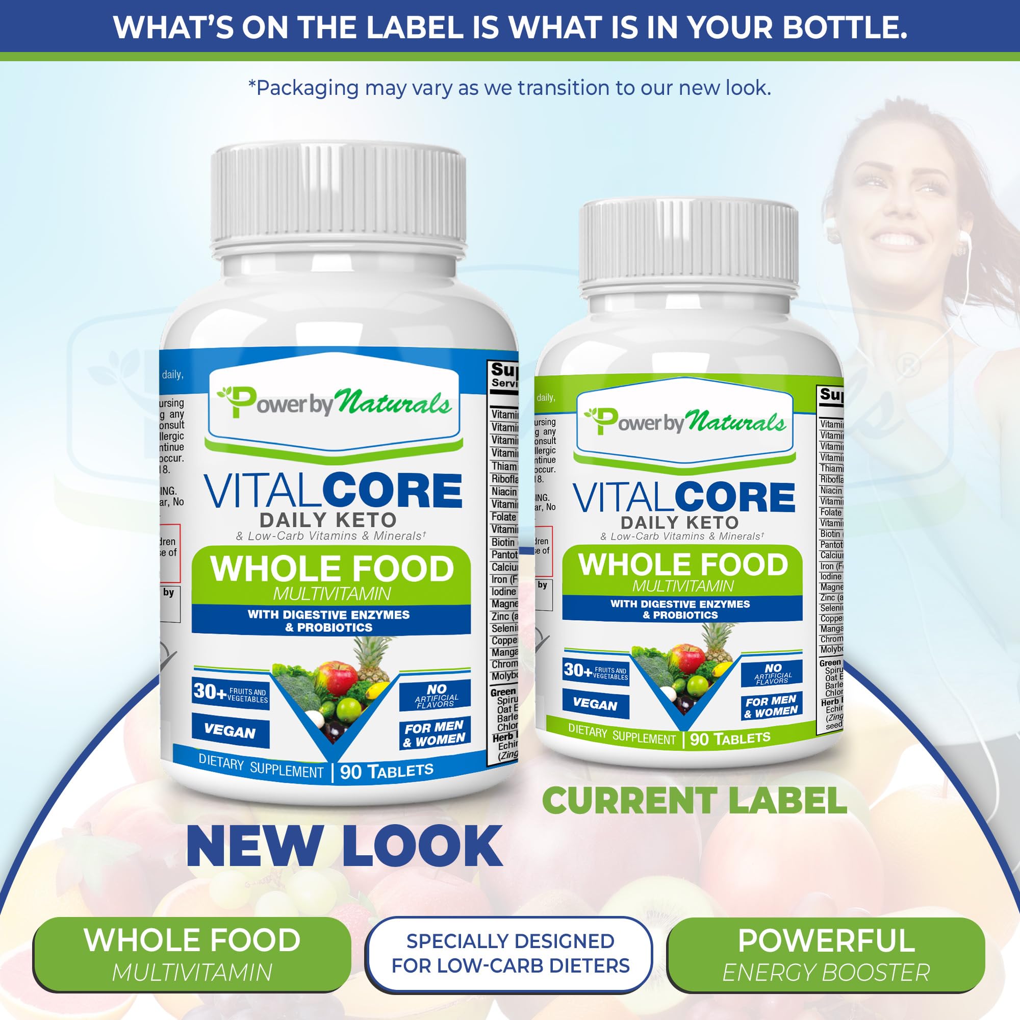 Power By Naturals Vital Core Daily Keto Whole Food Multivitamin for Women & Men | Supports Energy, Tiredness, & Keto Sickness, Digestive Enzymes, Probiotics Whole Food Vitamins & Minerals | 90 Tablets