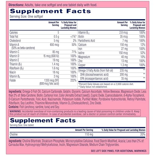 ONE A DAY Women’s Prenatal Advanced Complete Multivitamin with Brain Support* with Choline, Folic Acid, Omega-3 DHA & Iron for Pre, During & Post Pregnancy, 60+60 Ct (120 Total) (Packaging May Vary)