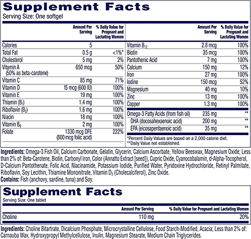 ONE A DAY Women’s Prenatal Advanced Complete Multivitamin with Brain Support* with Choline, Folic Acid, Omega-3 DHA & Iron for Pre, During & Post Pregnancy, 60+60 Ct (120 Total) (Packaging May Vary)