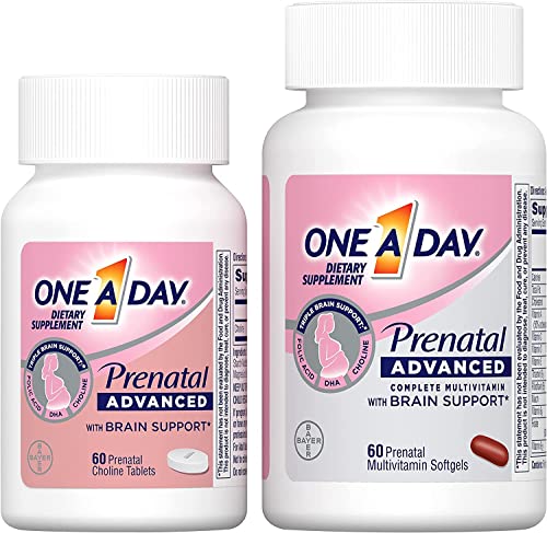 ONE A DAY Women’s Prenatal Advanced Complete Multivitamin with Brain Support* with Choline, Folic Acid, Omega-3 DHA & Iron for Pre, During & Post Pregnancy, 60+60 Ct (120 Total) (Packaging May Vary)