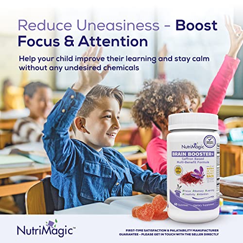 NutriMagic Kids Brain Booster 2-in-1 Nootropic Multivitamin for Focus, Memory, Attention, Mood - Saffron Extract Gummies Brain Health Supplement w/Vitamin D3, B6, B12, Zinc, 60 Vegan NON-GMO Gummies