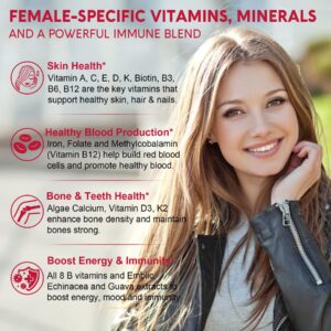 Sugar-Free Methylated Multivitamin for Women Gummies w/Algae Calcium, Vitamin A, C, D3, E, K, B12, Iron, Folate, Biotin, Inositol - Multi Vitamins & Minerals for Skin, Hair, Energy, Immune, Bone Vegan