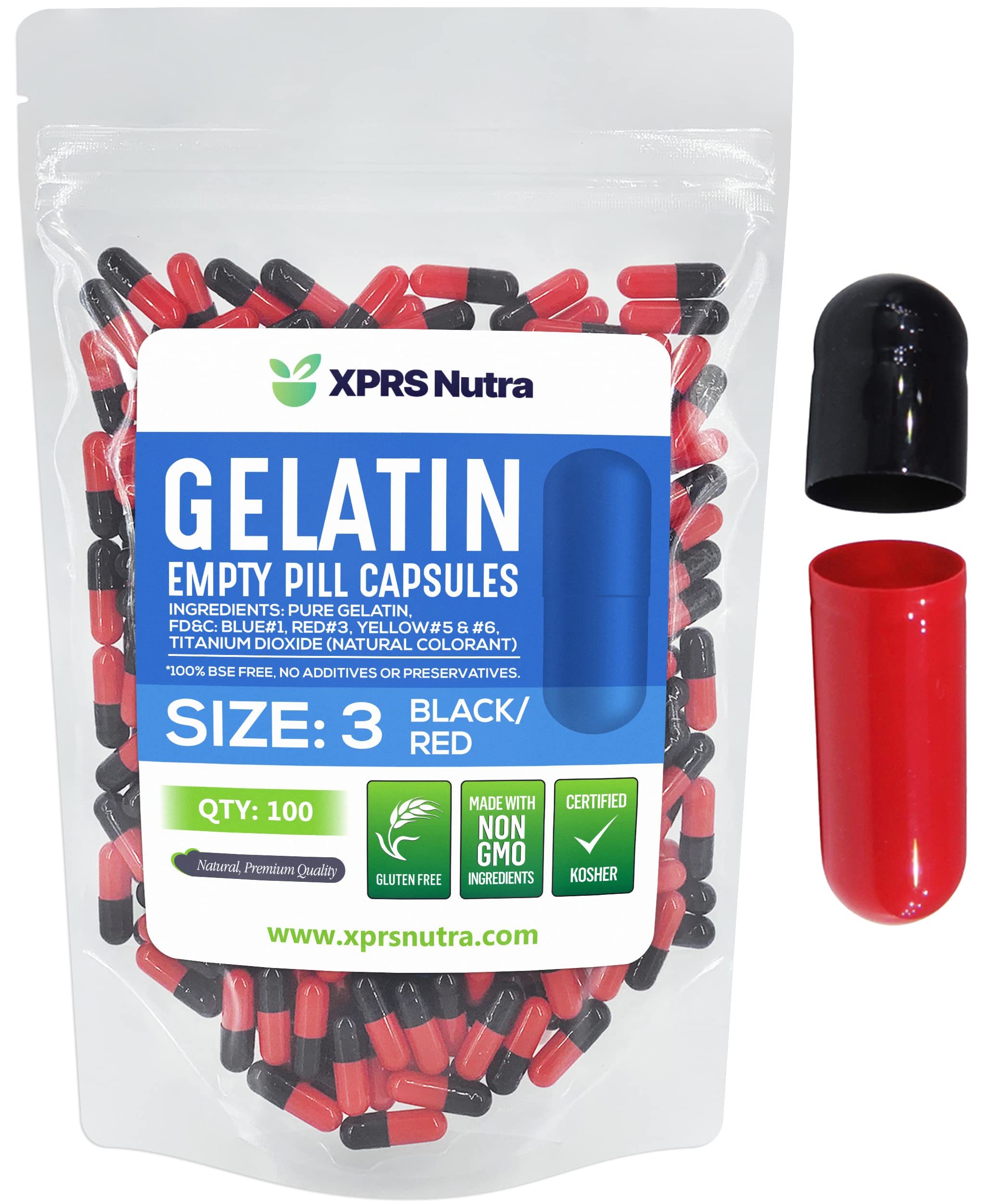 XPRS Nutra Size 3 Empty Capsules - 100 Count Empty Gelatin Capsules - Empty Pill Capsules - DIY Capsule Filling - Pure Bovine Pill Capsules Empty Gel Caps (Black/Red)