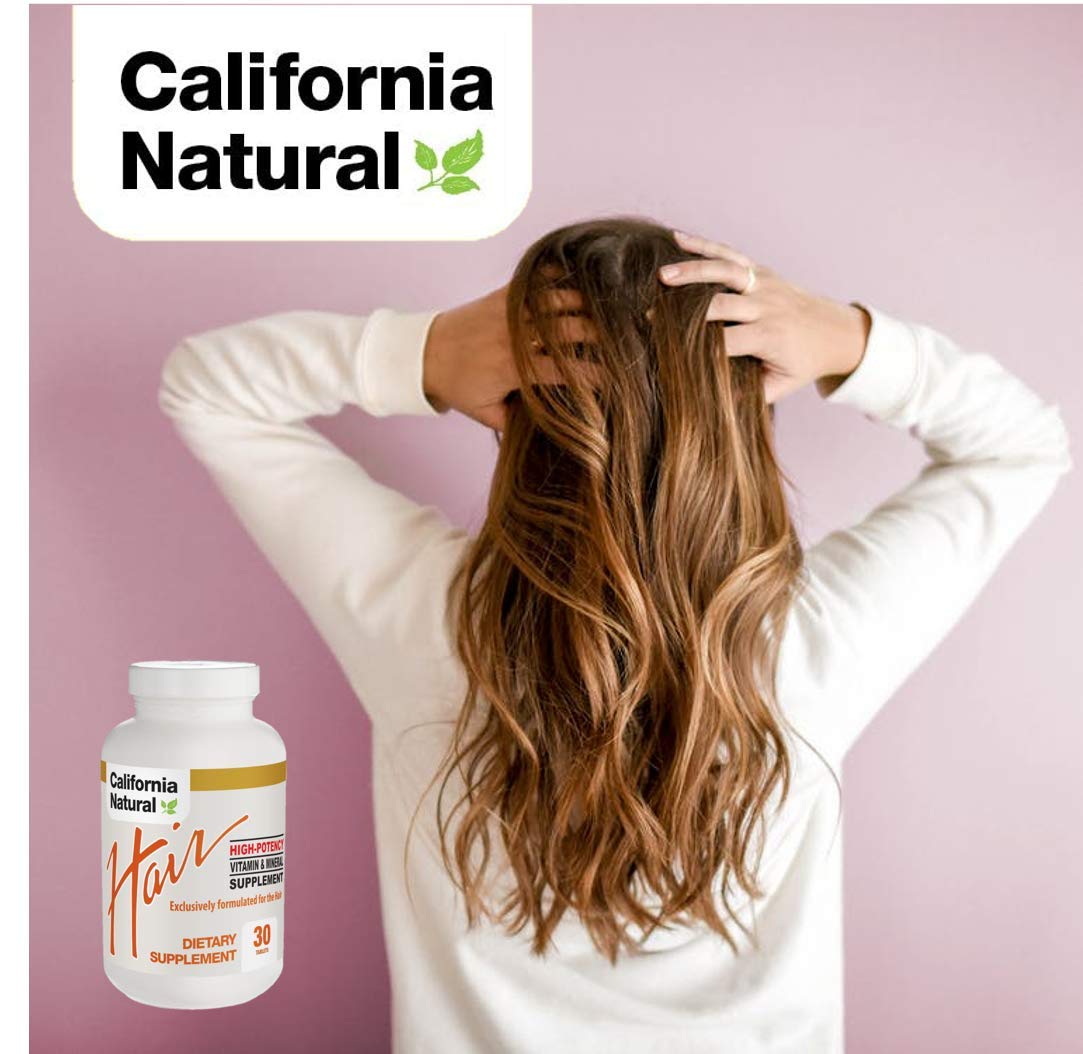 High Potency Hair Vitamin & Mineral Supplement with Biotin - California Natural - Promotes Healthy, Longer and Stronger Hair. - 30 Tablets (Pills)