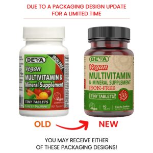 DEVA Tiny Tablets Vegan Multivitamins for Women & Men, Multivitamin Iron Free, Mineral Supplement, Vitamin C, Vitamin B Complex, Vitamin B12, Vitamin E, Zinc, Gluten free (2 Pack - 90 Tablets Ea)