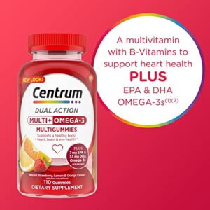 Centrum MultiGummies Multi+ Omega 3 Dual Action, Adult Multivitamin, Multivitamin/Multimineral/Omega 3 Supplement, Strawberry/Lemon/Orange Flavors - 110 Count