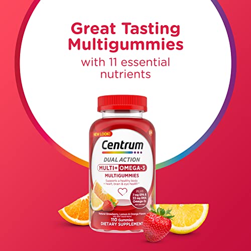 Centrum MultiGummies Multi+ Omega 3 Dual Action, Adult Multivitamin, Multivitamin/Multimineral/Omega 3 Supplement, Strawberry/Lemon/Orange Flavors - 110 Count