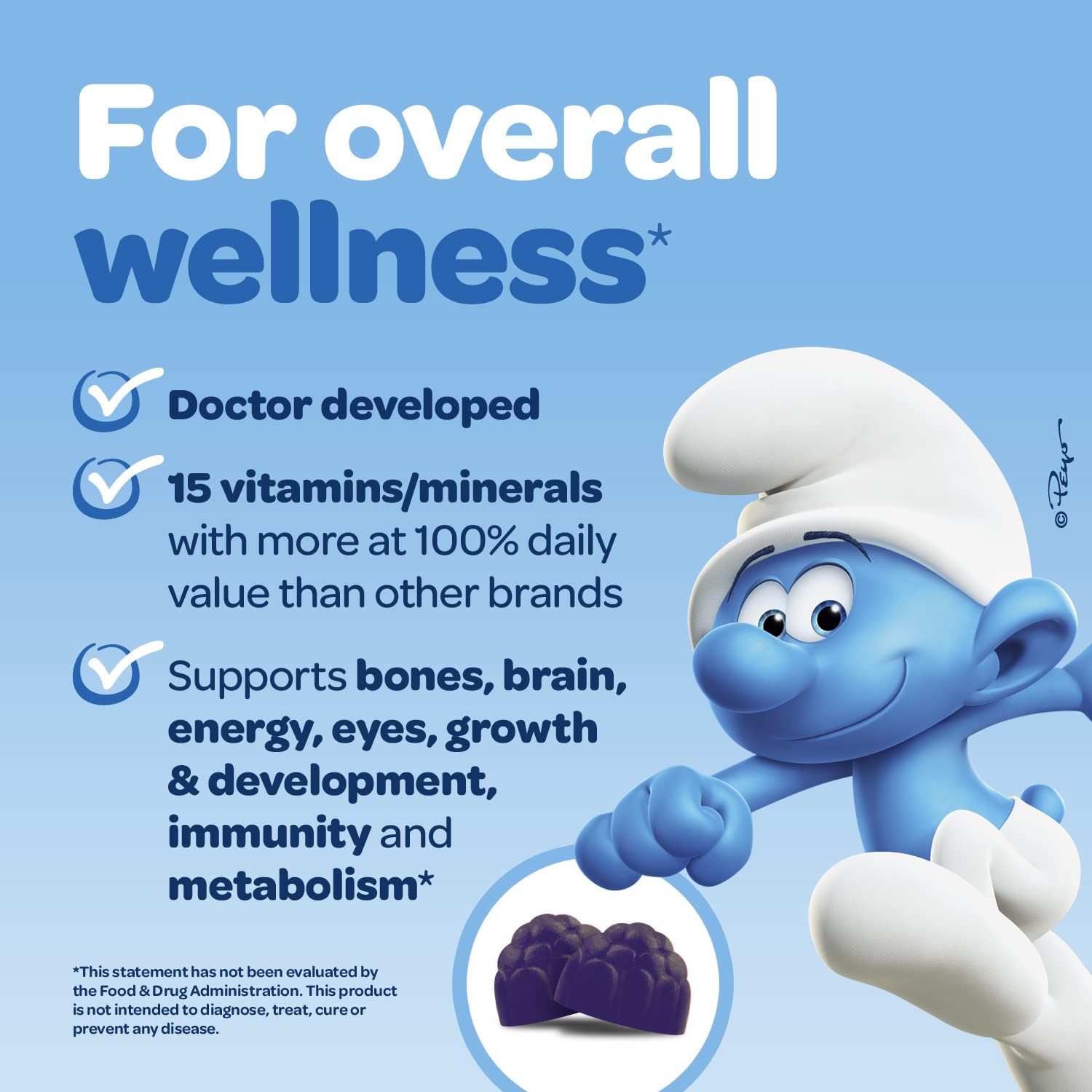 The Smurfs Kids Multivitamin Gummies with 15 Daily Vitamins and Minerals for Growth & Development | Made with Real Fruit in a Smurf Berry | Delicious, Doctor Developed & Non-GMO Formula | 60 Gummies