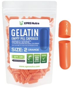 xprs nutra size 2 empty capsules - 100 count empty gelatin capsules - empty pill capsules - diy capsule filling - pure bovine pill capsules empty gel caps (orange)