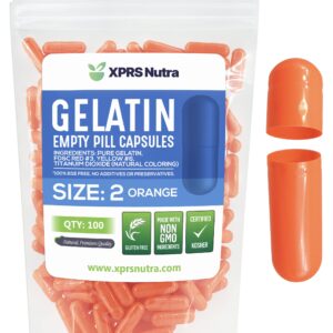 XPRS Nutra Size 2 Empty Capsules - 100 Count Empty Gelatin Capsules - Empty Pill Capsules - DIY Capsule Filling - Pure Bovine Pill Capsules Empty Gel Caps (Orange)