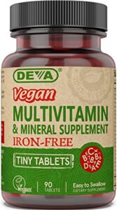 deva tiny tablets vegan multivitamins for women & men, multivitamin iron free, mineral supplement, vitamin c, vitamin b complex, vitamin b12, vitamin e, zinc, gluten free, 90 tablets