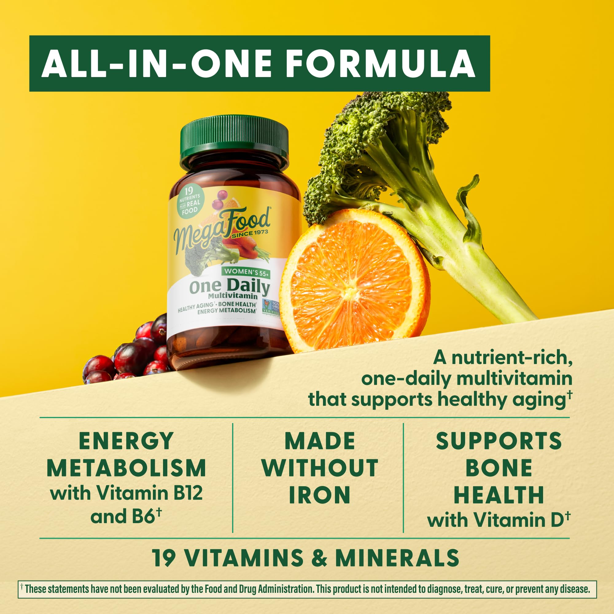 MegaFood Women's 55+ One Daily Multivitamin for Women with Vitamin A, Vitamin C, Vitamin D3 & Vitamin E for optimal aging support - Plus Real Food - Immune Support Supplement - Vegetarian - 60 Tabs