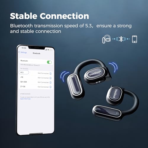 VoxSoul Open Ear Headphones - Lightweight Wireless Bluetooth 5.3 Headphones with 2 Microphone, Open Ear Earbuds Design for Long-Lasting Comfort, 55H Play Time Crystal-Clear Calls for Driving Black