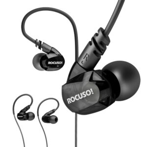 rocuso noise-isolating musician's in ear monitor, wired over ear headphones with microphone,sport earbuds for running,jogging,gym,compatible with iphone, cell phones,computers (black)