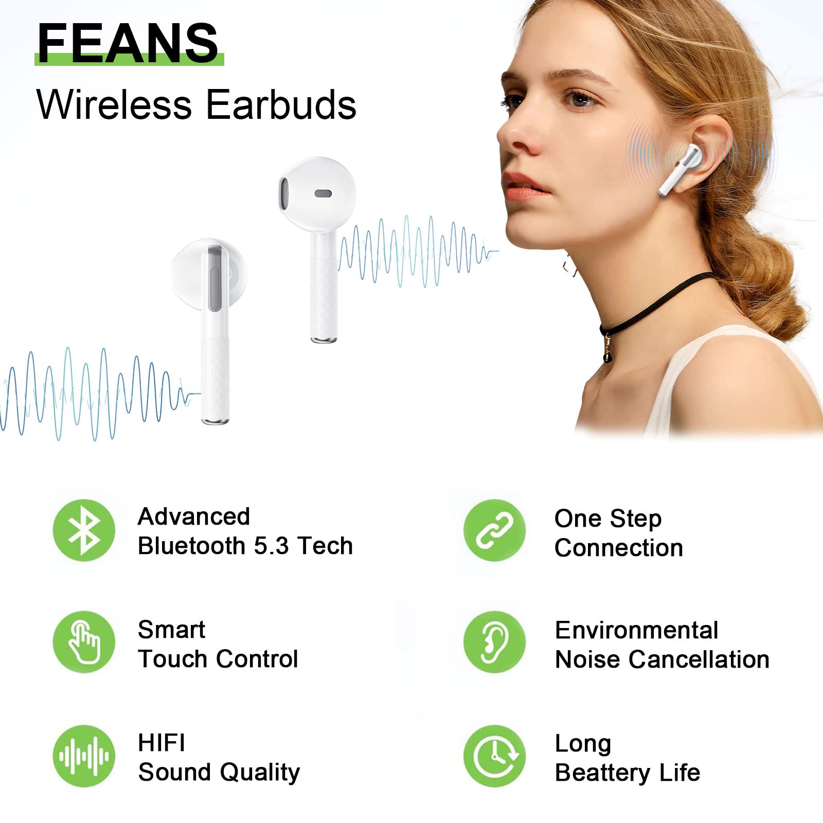 FEANS True Wireless Earbuds, Bluetooth 5.3 noise cancelling Headphones with Microphone, Waterproof Stereo Earphones Touch Control Headset with Deep Bass for iPhone/Android (White)