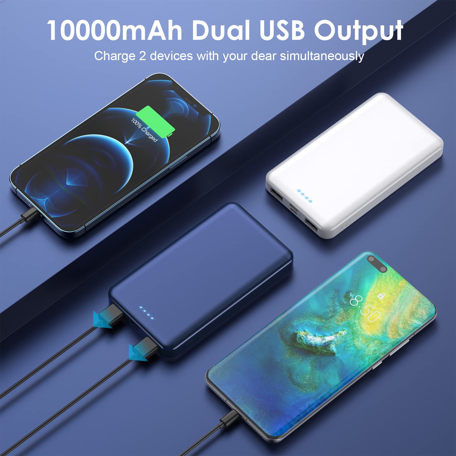 [2 Pack] Portable Charger Power Bank 10000mAh,Ultra Slim Compact External Battery Pack with USB C Input & Dual USB Outputs Backup Charger Compatible with iPhone 13,12,11, Samsung S20,Tablet-White+Blue