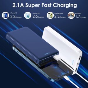 [2 Pack] Portable Charger Power Bank 10000mAh,Ultra Slim Compact External Battery Pack with USB C Input & Dual USB Outputs Backup Charger Compatible with iPhone 13,12,11, Samsung S20,Tablet-White+Blue