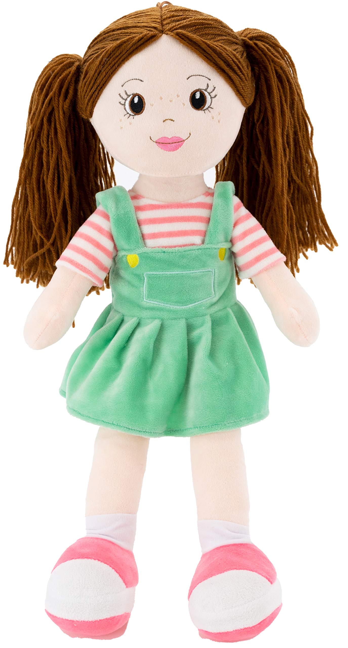 Plushible Soft Baby Doll - 18 Inch Rag Dolls for Girls, Infants & Babies - My First Plush for 1 Year Old - Brown Yarn Hair - Girl Toys - Allie