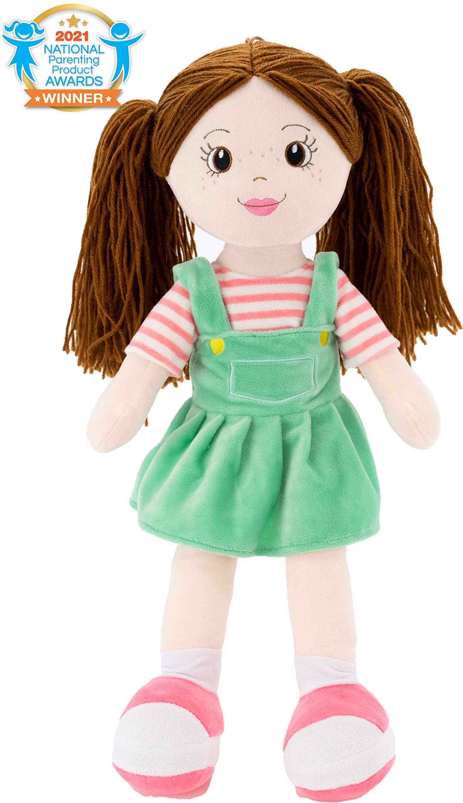 Plushible Soft Baby Doll - 18 Inch Rag Dolls for Girls, Infants & Babies - My First Plush for 1 Year Old - Brown Yarn Hair - Girl Toys - Allie