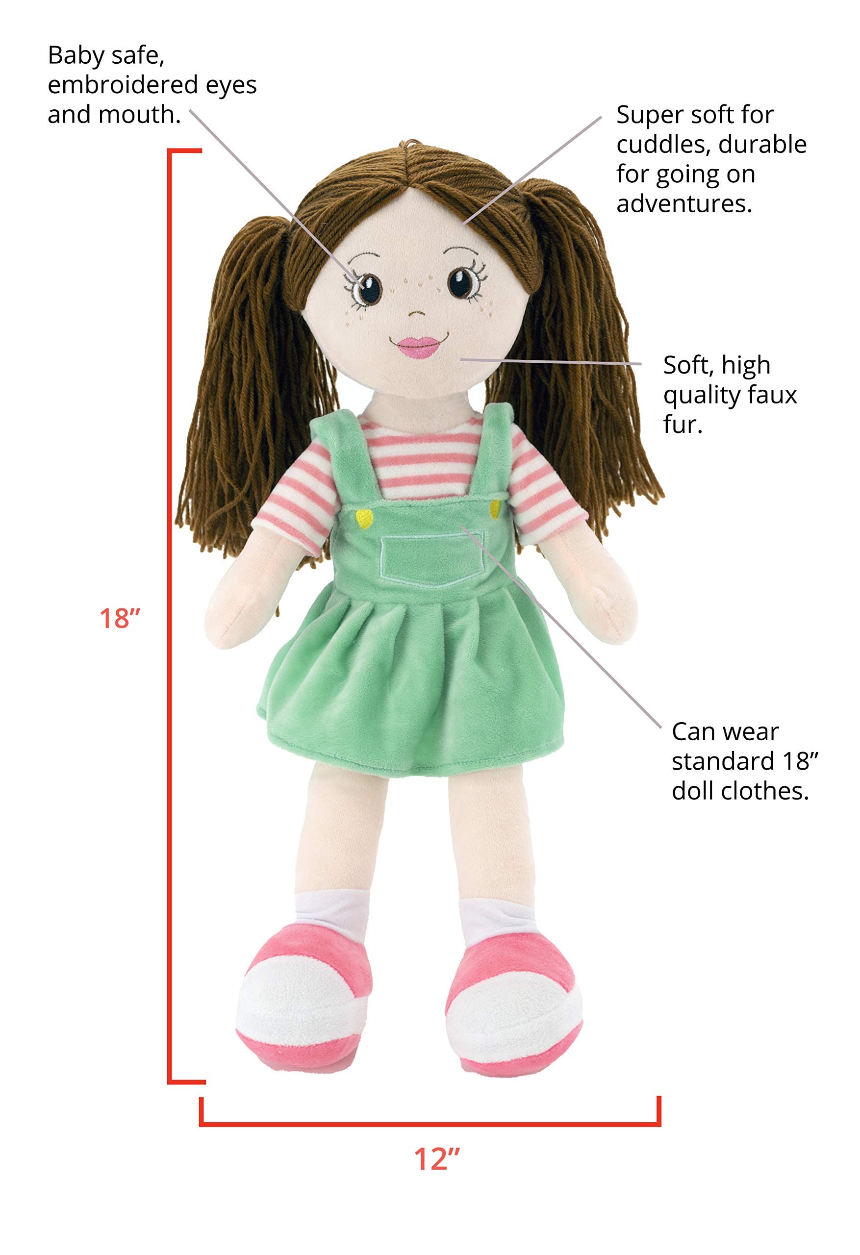 Plushible Soft Baby Doll - 18 Inch Rag Dolls for Girls, Infants & Babies - My First Plush for 1 Year Old - Brown Yarn Hair - Girl Toys - Allie